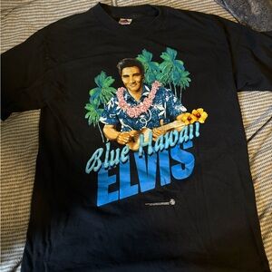 Vintage 1996 “Blue Hawaii” Elvis Black and Blue Short Sleeve Tee Tropical Design